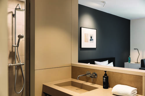 Badezimmer mit Dusche und Waschbecken im Standardzimmer.