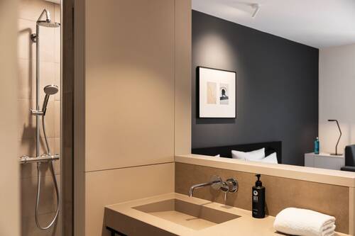 Bad mit Dusche und Waschbecken im Standard-Doppelzimmer.